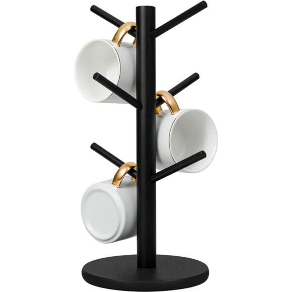 Black Wooden Mug Holder Tree Coffee Cup Stand with 6 Hooks Kitchen Counter Rack - Picture 1 of 7